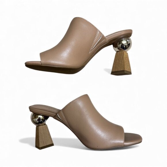 Alfani Step N Flex Nude Leather Mules 8M Geometric Sphere Block Heel Slip On - Picture 1 of 6